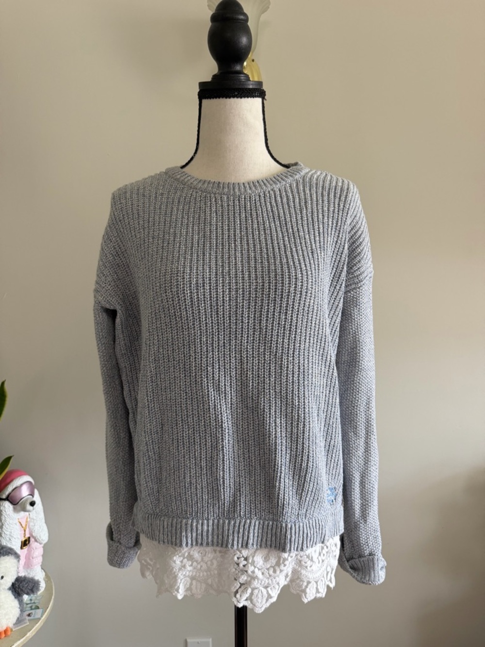 Superdry Light Blue Ribbed Crewneck Sweater with Lace Hem